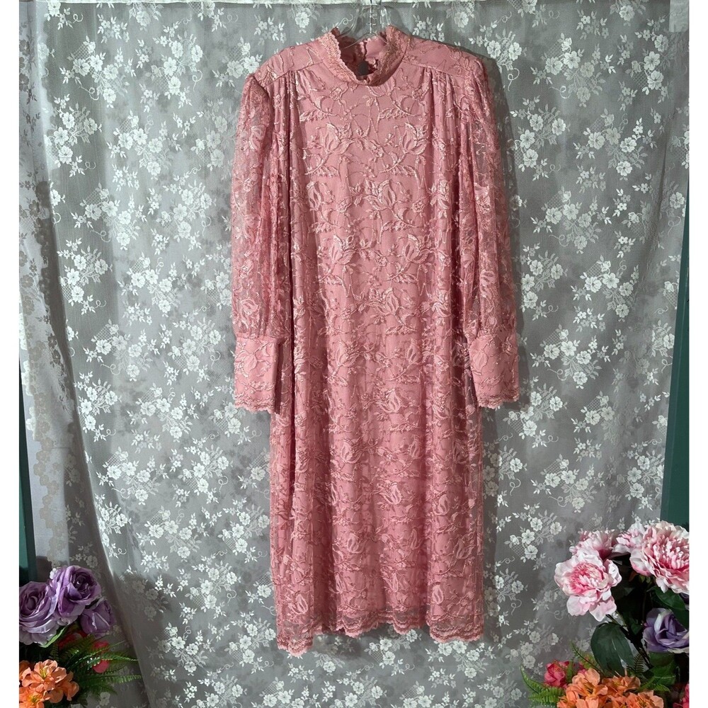 Vintage 80s Pink Lace Dress Size XXL 1980s Retro Long Sleeve Romantic Midi
